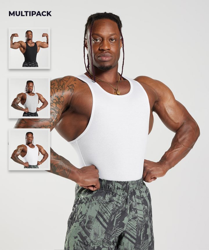 Gymsharktanque acanalado 3pk hombres blanco/negro/gris piedra marga PFTJ2N908 ropa