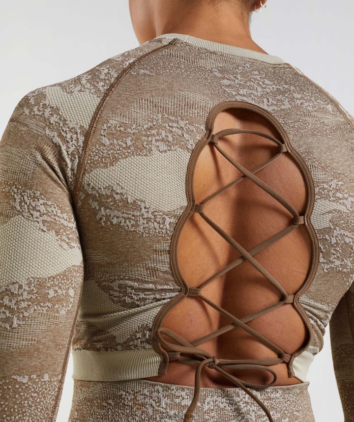 GymsharkAdapt top de camuflaje sin costuras con cordones en la espalda mujer gris guijarro/marrón alma PFTJ2N458 ropa