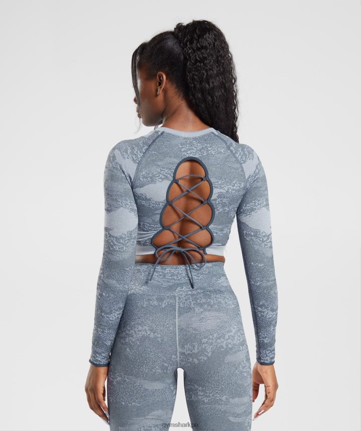 GymsharkAdapt top de camuflaje sin costuras con cordones en la espalda mujer lava | gris piedra de río/azul noche PFTJ2N457 ropa