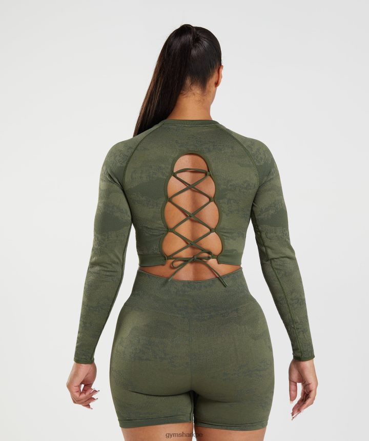 GymsharkAdapt top de camuflaje sin costuras con cordones en la espalda mujer musgo de oliva/corazón de oliva PFTJ2N452 ropa