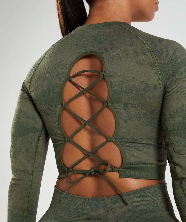 GymsharkAdapt top de camuflaje sin costuras con cordones en la espalda mujer musgo de oliva/corazón de oliva PFTJ2N452 ropa