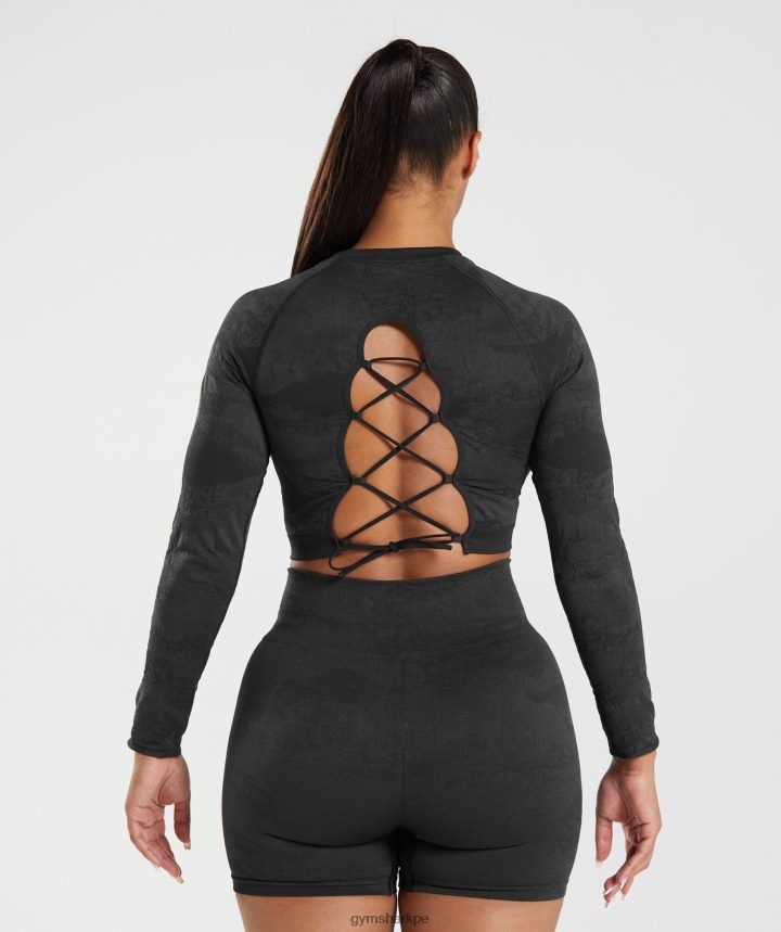 GymsharkAdapt top de camuflaje sin costuras con cordones en la espalda mujer negro/gris ónix PFTJ2N451 ropa