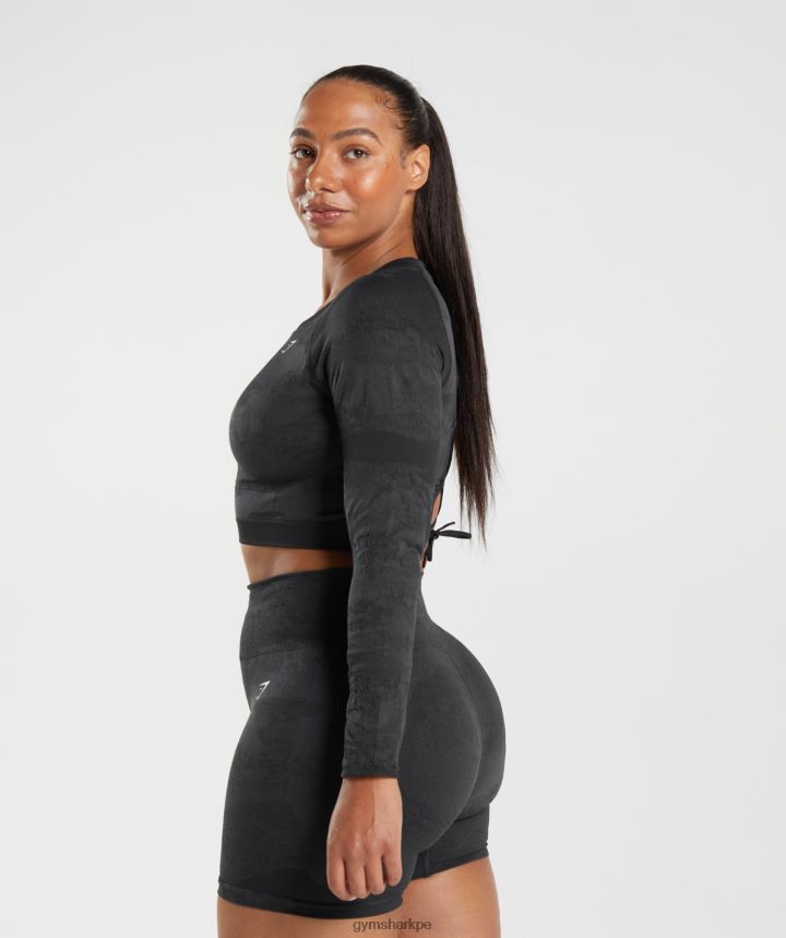 GymsharkAdapt top de camuflaje sin costuras con cordones en la espalda mujer negro/gris ónix PFTJ2N451 ropa