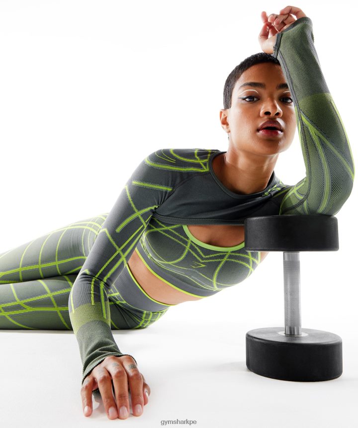Gymsharkencogimiento de hombros de manga larga sin costuras lineal wtflex mujer gris carbón/verde fluo/gris claro PFTJ2N490 ropa