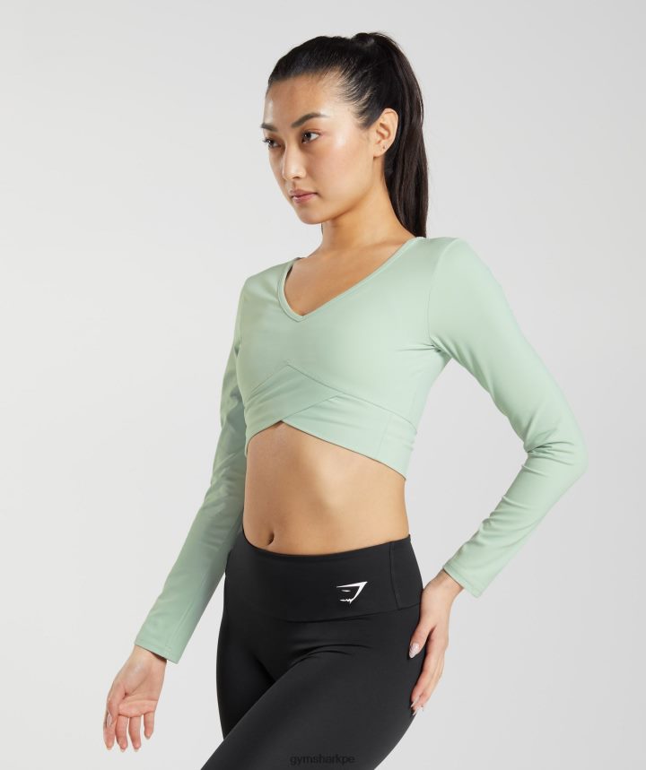 Gymsharktop corto cruzado de manga larga mujer niebla verde PFTJ2N454 ropa
