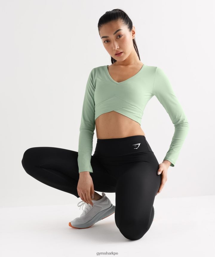 Gymsharktop corto cruzado de manga larga mujer niebla verde PFTJ2N454 ropa
