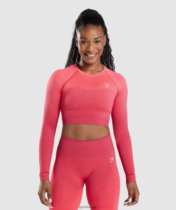 Gymsharktop corto de manga larga sin costuras adapt ombre mujer rosado rojo PFTJ2N488 ropa