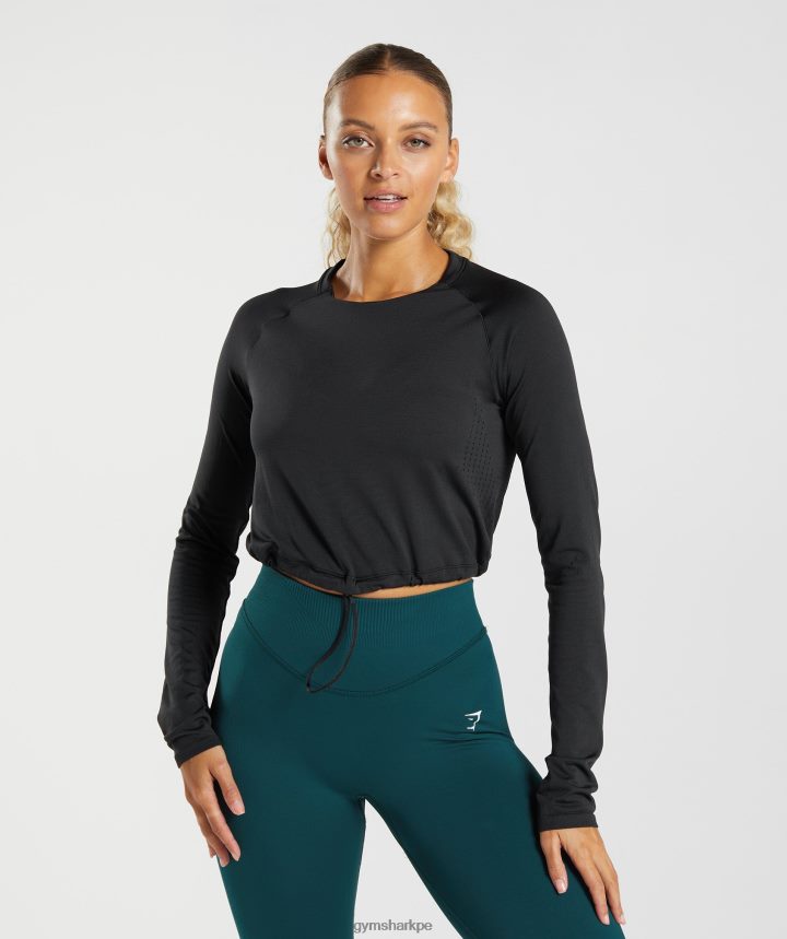 Gymsharktop corto de manga larga sin costuras mujer negro PFTJ2N430 ropa