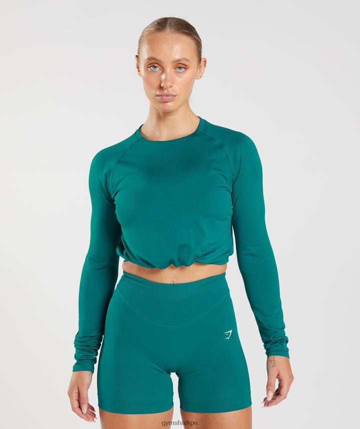Gymsharktop corto de manga larga sin costuras mujer verde azulado rico PFTJ2N433 ropa