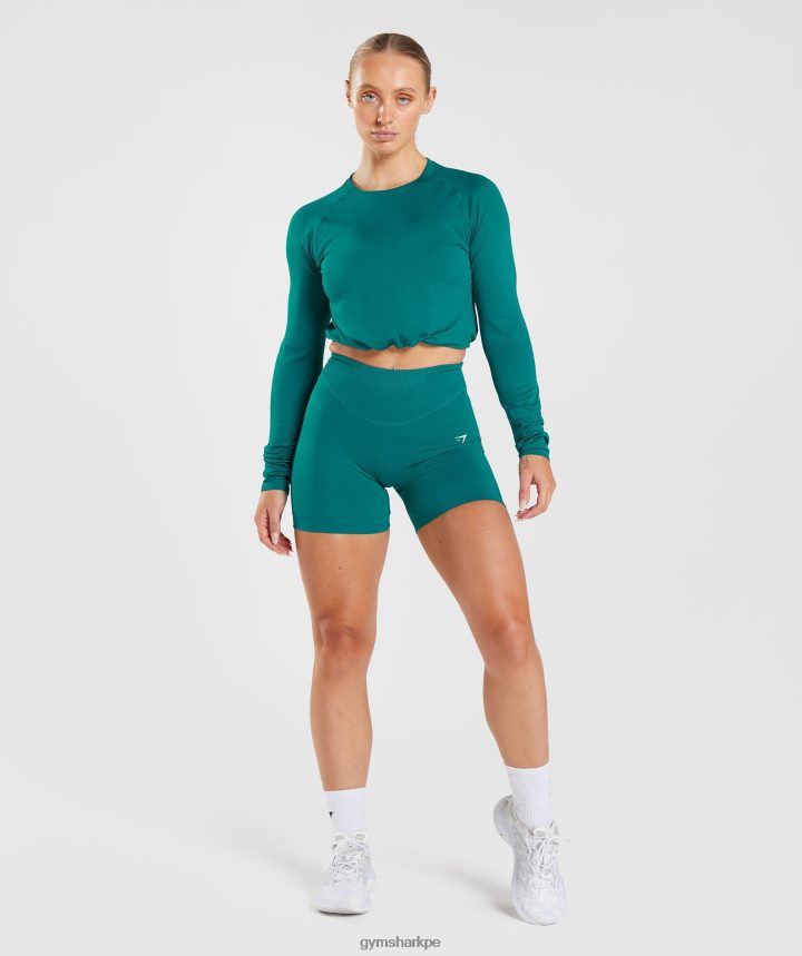 Gymsharktop corto de manga larga sin costuras mujer verde azulado rico PFTJ2N433 ropa