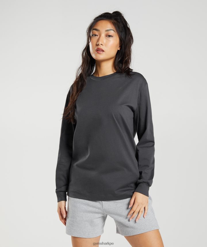 Gymsharktop oversize de manga larga de algodón mujer gris ónix PFTJ2N434 ropa