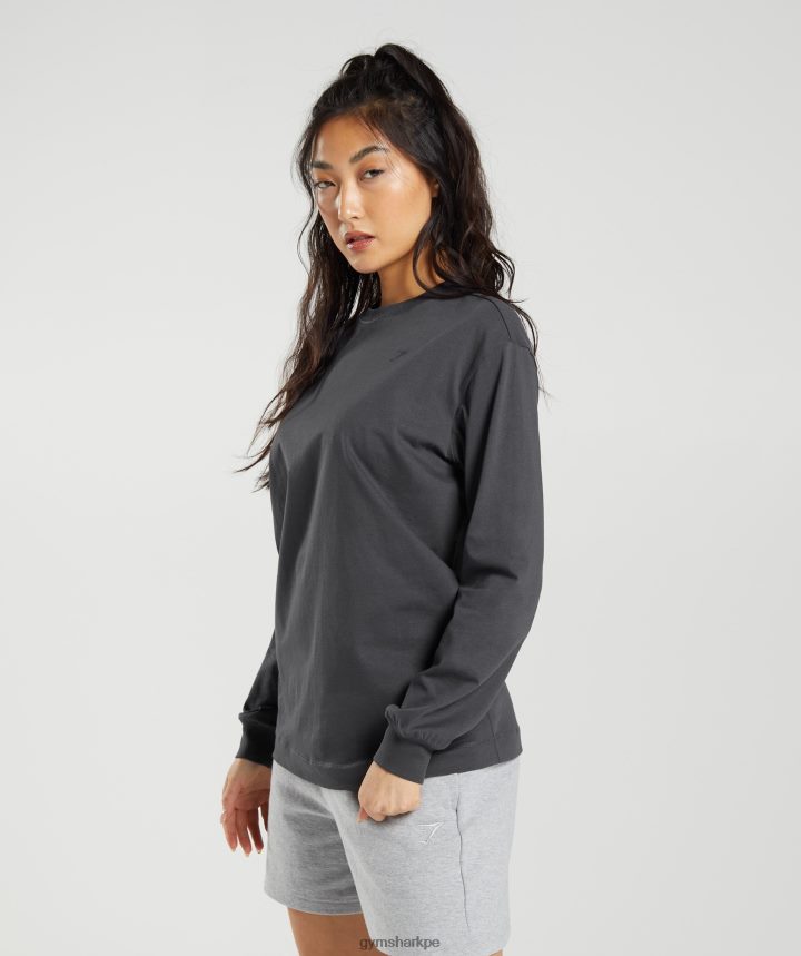 Gymsharktop oversize de manga larga de algodón mujer gris ónix PFTJ2N434 ropa