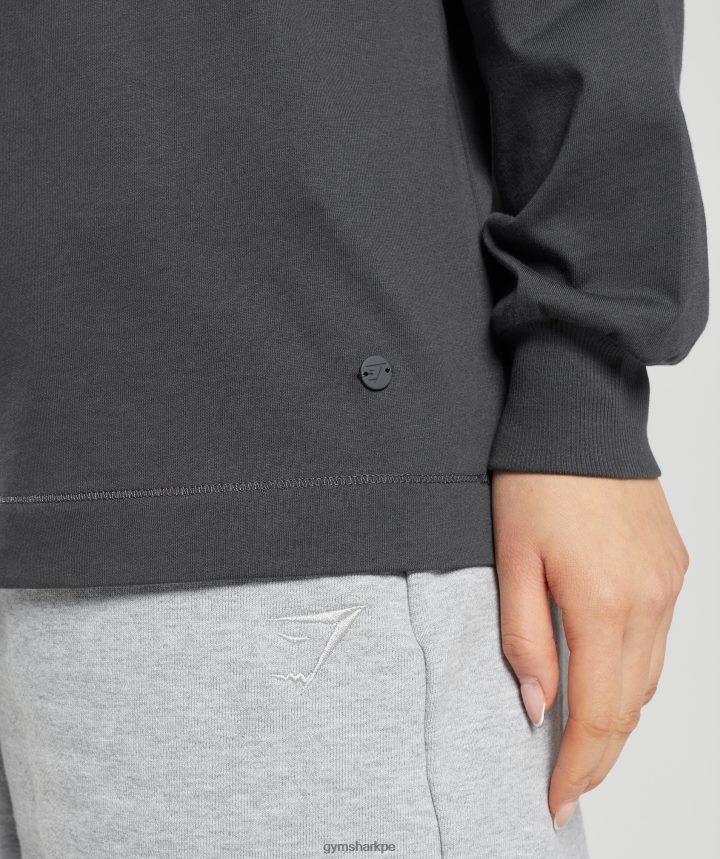 Gymsharktop oversize de manga larga de algodón mujer gris ónix PFTJ2N434 ropa