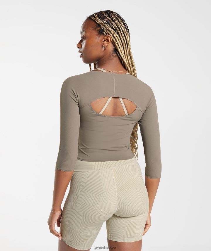 Gymsharktop corto de manga 3/4 elevado mujer marrón cepillado PFTJ2N435 ropa