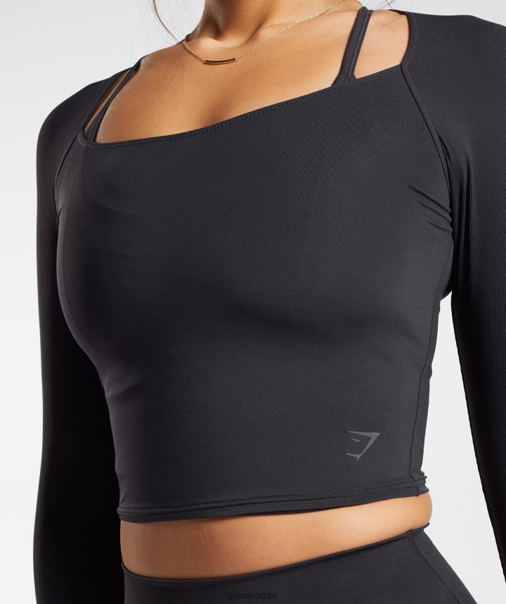 Gymsharktop corto de manga 3/4 elevado mujer negro PFTJ2N422 ropa