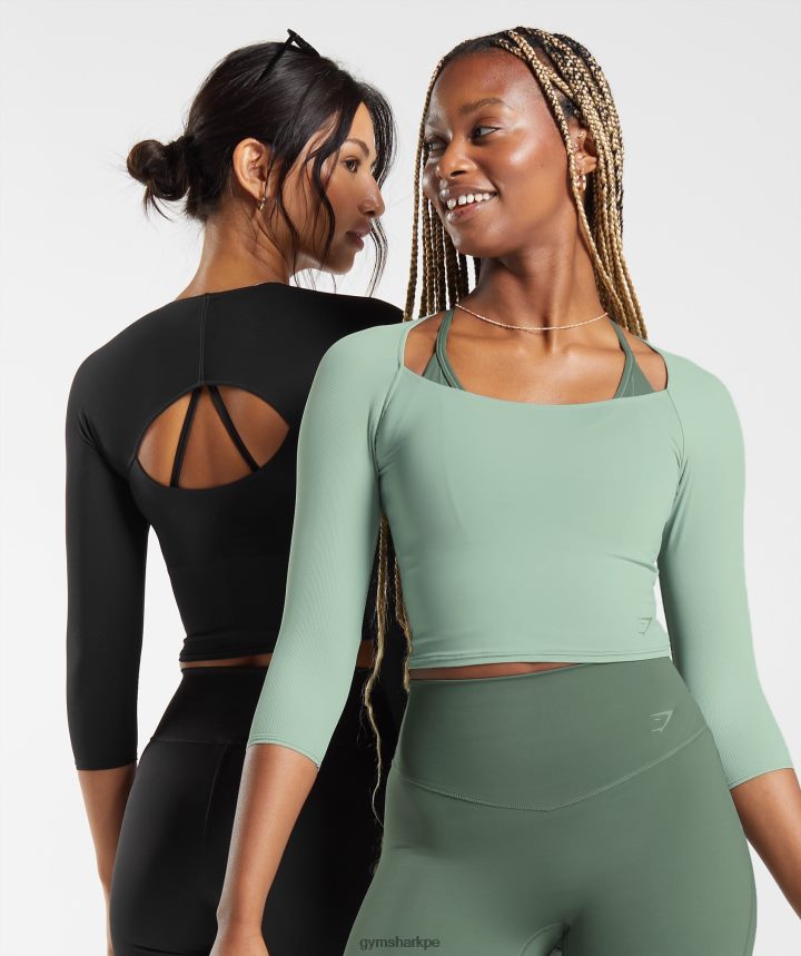 Gymsharktop corto de manga 3/4 elevado mujer verde salvia del desierto PFTJ2N448 ropa